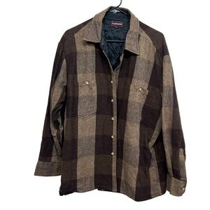 Vintage‎ Wool Blend Plaid Puffer Jacket XL Brown Tan Button Front Lined Coat